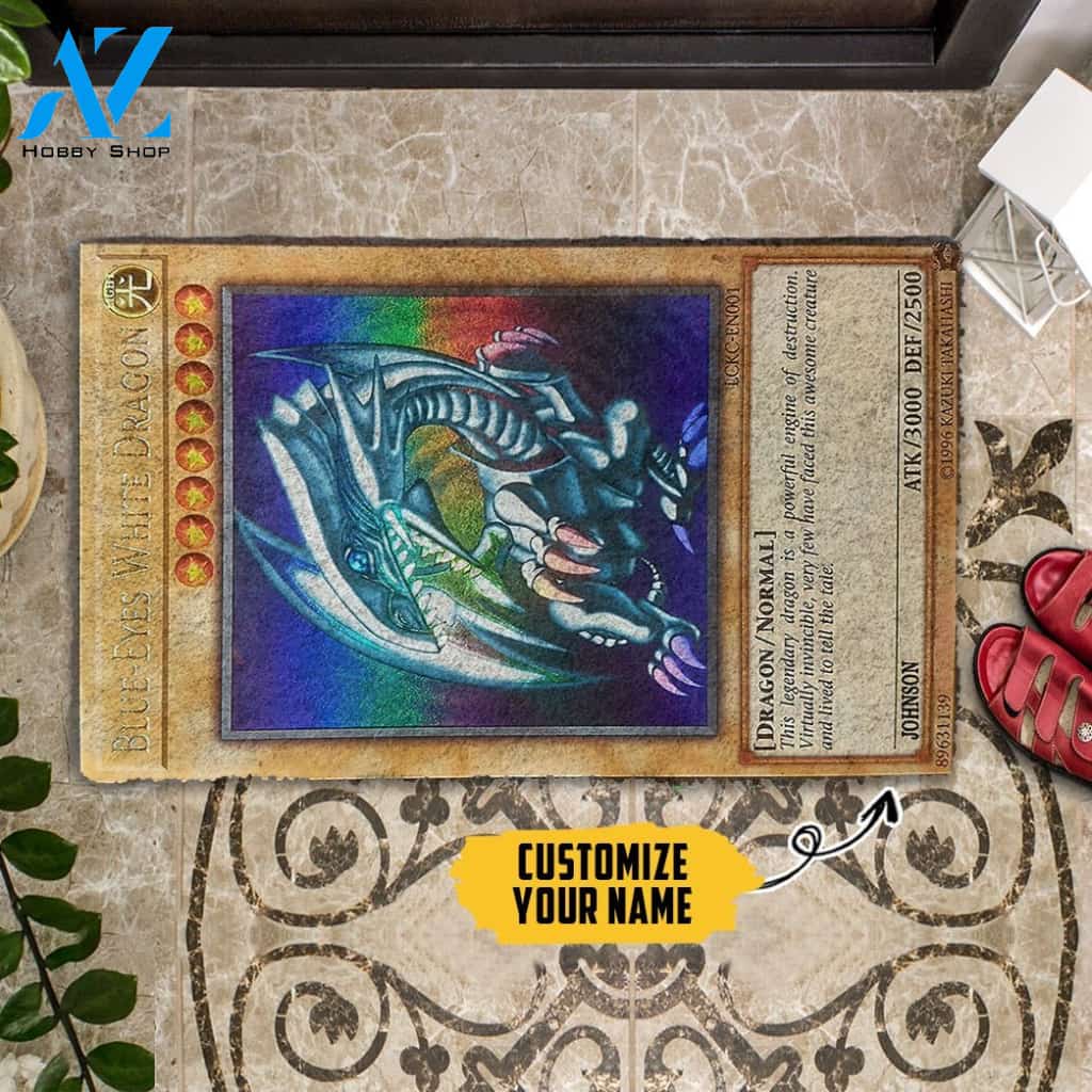 3D Yugioh Ultra Rare 1st Edition Blue Eyes White Dragon Card Custom Name Doormat | Welcome Mat | House Warming Gift