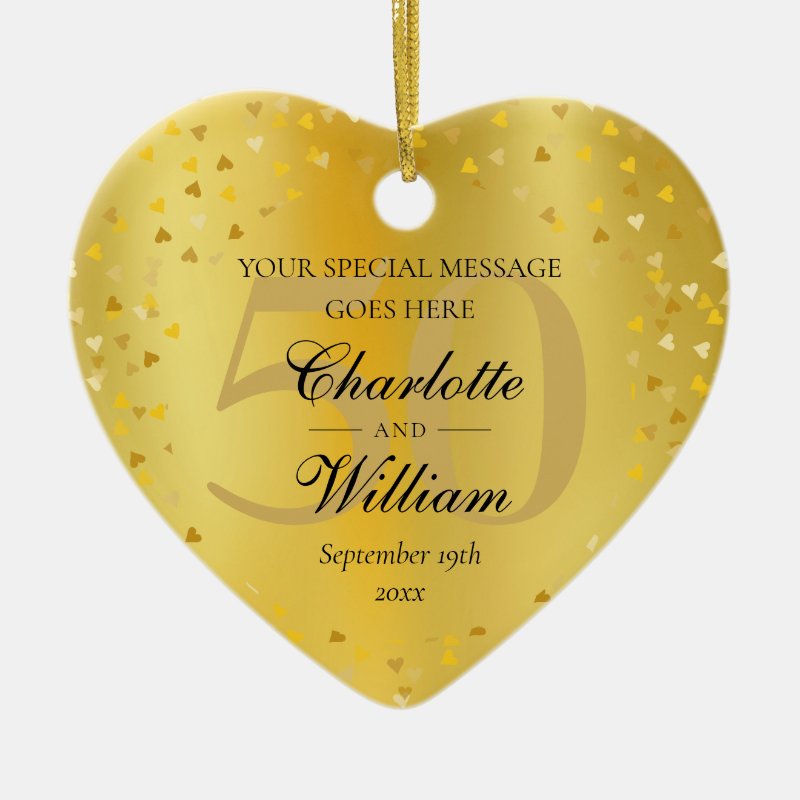 50Th Wedding Anniversary Monogram Gold Hearts Ceramic Ornament