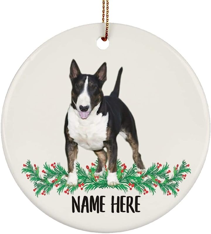 Funny Personalized Name Bull Terrier Black White Brindle Gifts Christmas Tree Ornaments Circle Ceramic