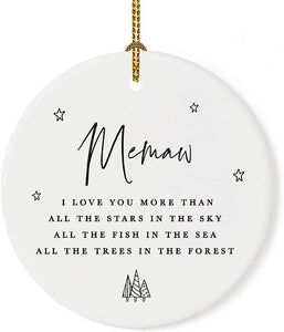 Andaz Press Round Ceramic Porcelain Christmas Tree Ornament Keepsake Collectible Gift, Memaw, I Love You More Than All The Stars In The Sky, All The Fish In The Sea, 1-Pack