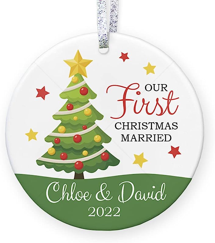 Personalized Our First Christmas Married Ornament With Names, Wedding Gift, 1St Married Christmas Keepsake - 3" Flat Circle Porcelain Tree Ornament - Gold & Silver Ribbon Pgm-Or-107A