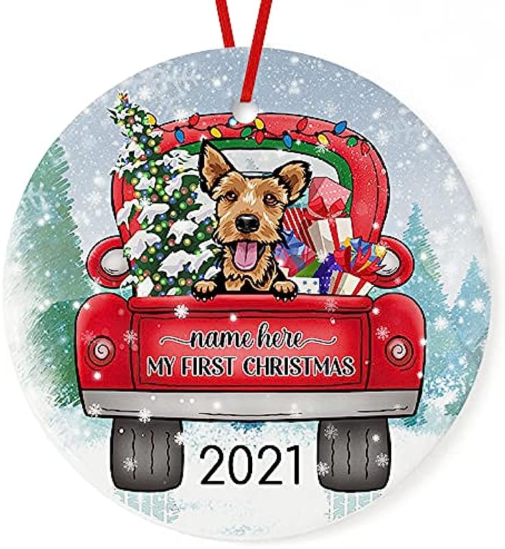 Prezzy Personalized Name Welsh Terrier Dog Ornament My First Christmas Ornament Christmas Circle Ceramic Ornament White