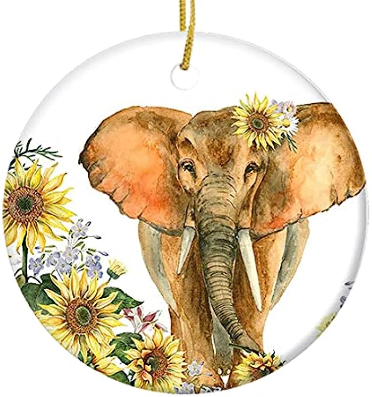 Christmas Tree Ornament Elephant And Sunflower Pattern Ceramic Ornament, Holiday Ornament Friends Gift, Ceramic Holiday Decoration 2.9In