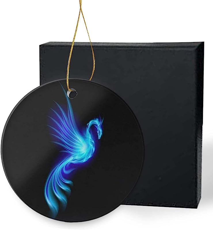 Hanging Christmas Tree Ornaments 3 Inch, Burning Blue Phoenix Fire Flame Bird Over Black