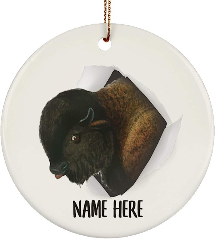 Cute American Bison Buffalo Personalized Name Gifts Christmas Tree Ornaments Circle Ceramic