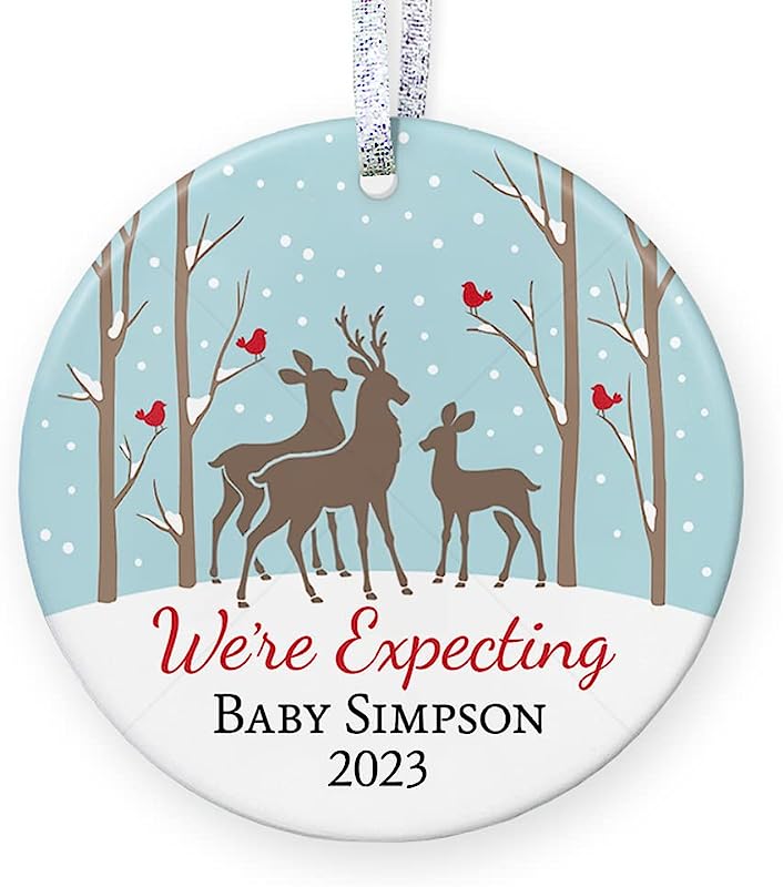 Personalized Expecting Parents Ornament , Baby Reveal Deer Family, Pregnancy Announcement Baby Shower Gifts - 3" Flat Circle Ceramic Ornament - Gold & Silver Ribbon Pgm-Or-37