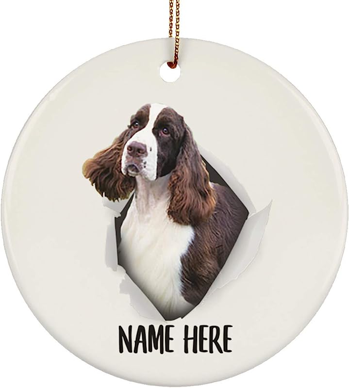 Cute English Springer Spaniel White Red Personalized Name Gifts Christmas Tree Ornaments Ceramic Circle