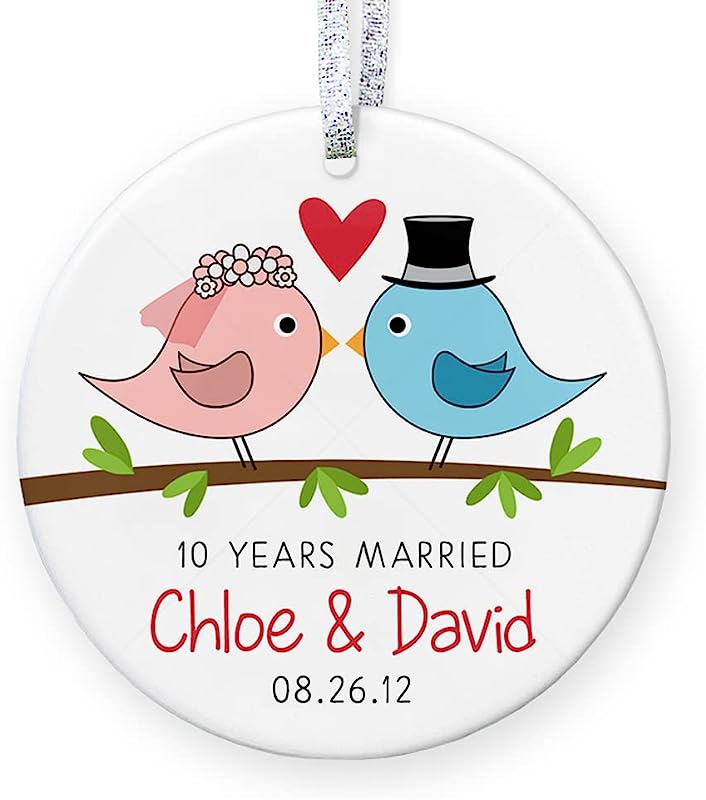1St Year Anniversary Gifts, 2Nd 3Rd 5Th 10Th Anniversary Gift For Her, Personalized Wedding Anniversary Keepsake With Names Dates - 3" Flat Circle Ceramic Ornament - Gold & Silver Ribbon Pgm-Or-74B