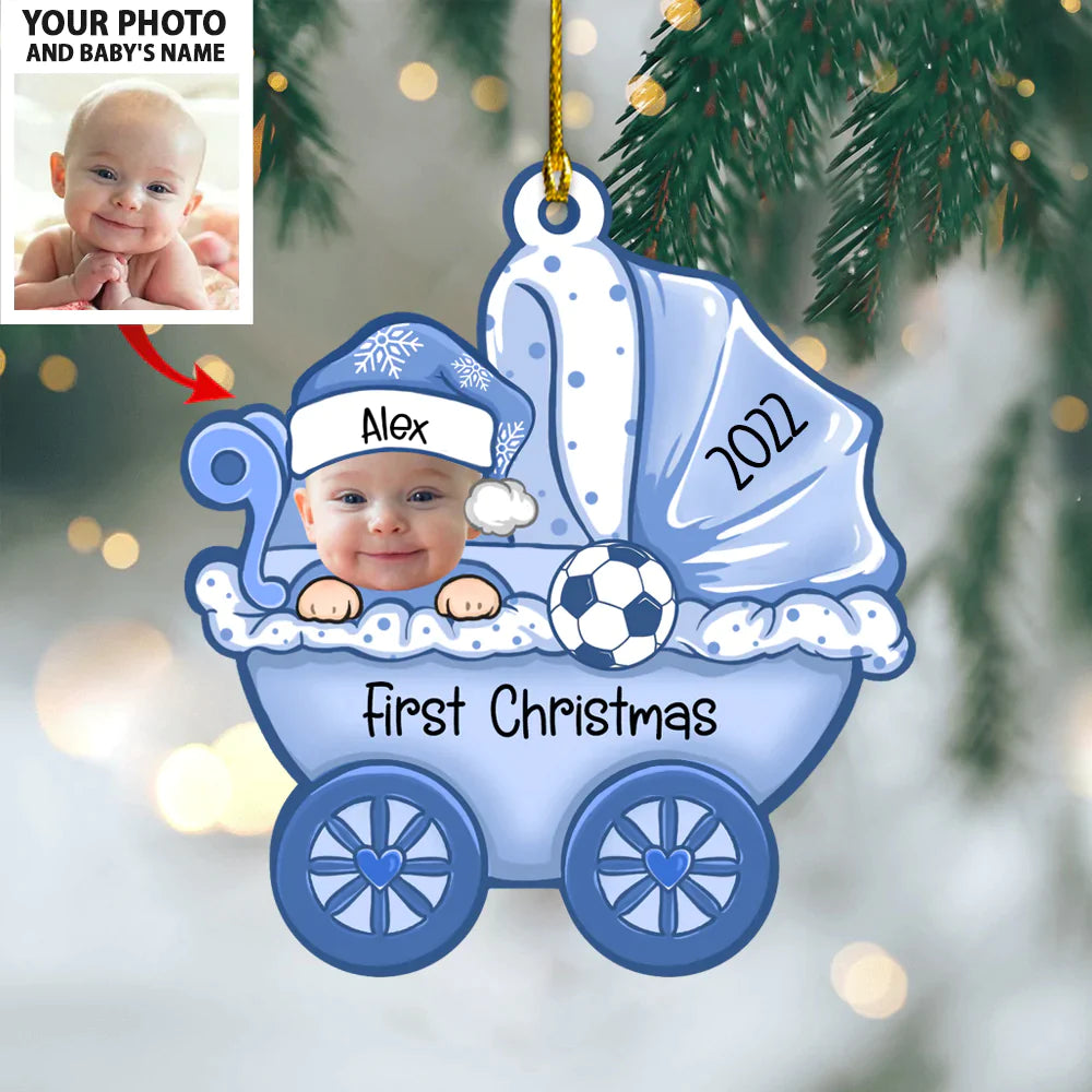 Cute Baby Strollers Ornament - Baby First Christmas Custom Name And Photo