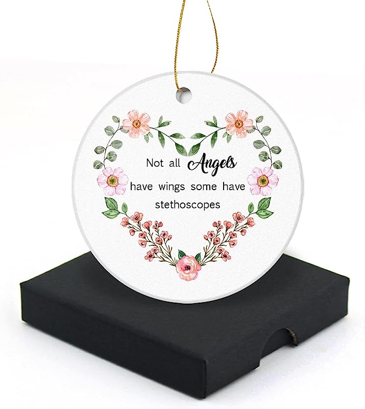 Not All Angels Have Wings Some Have Stethoscopes Christmas Ornament Round Christmas Tree Ornaments Keepsake Gifts For Friends Home Decor Flat Circle Ceramic Ornament 3" With A Gift Box