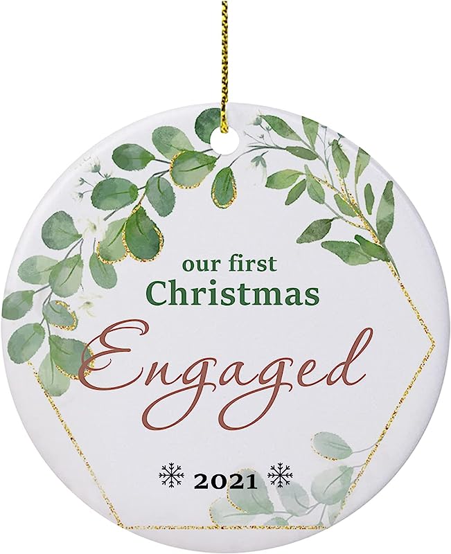 Our First Christmas Engaged Ornaments Wreath Ceramic Keepsake To Remember Holiday Decoration Gift For Couple-To-Be New Home Married Wedding Shower Decoration 3"