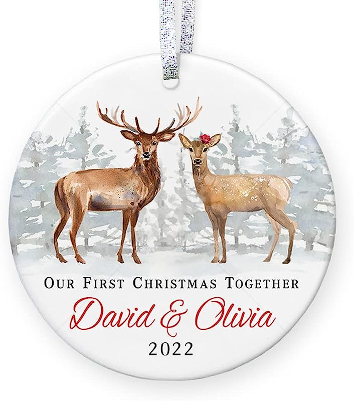 Personalized First Christmas Together For Couple , Deer Couple With Names, Our 1St Christmas Ornament - 3" Flat Circle Porcelain Ornament - Gold & Silver Ribbon Pgm-Or-55C