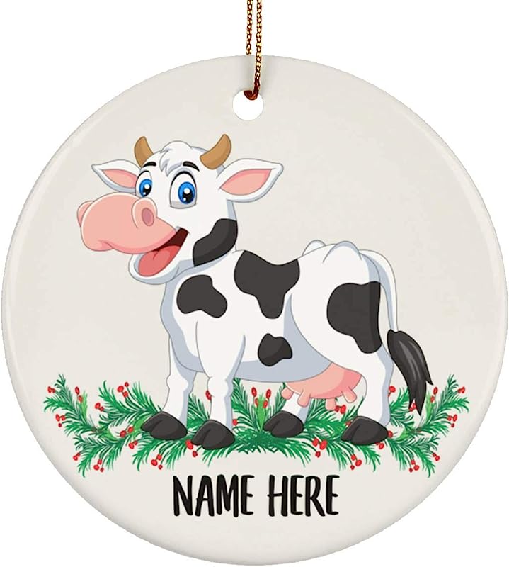 Funny Gift Dairy Cattle Cow Happy Personalized Name Gifts Christmas Tree Ornaments Circle Ceramic