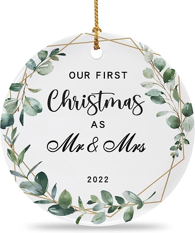 Newlyweds' First Christmas Hanging,Our First Christmas As Mr. And Mrs. Ornament,1St Wedding Christmas Decoration,Gift For Couple Married -2.9"" Circle Ceramic Ornament (First Christmas-03)