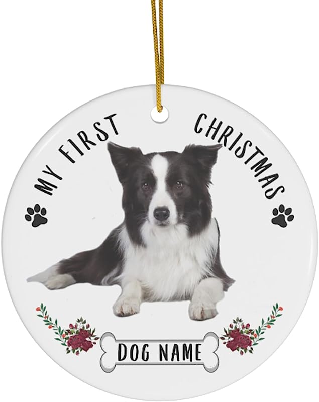 Lovesout Personalized Name Custom Year Border Collie Brown Choco Puppys New Years 2024 Decorations Gifts First Christmas Tree Ornaments Circle Ceramic