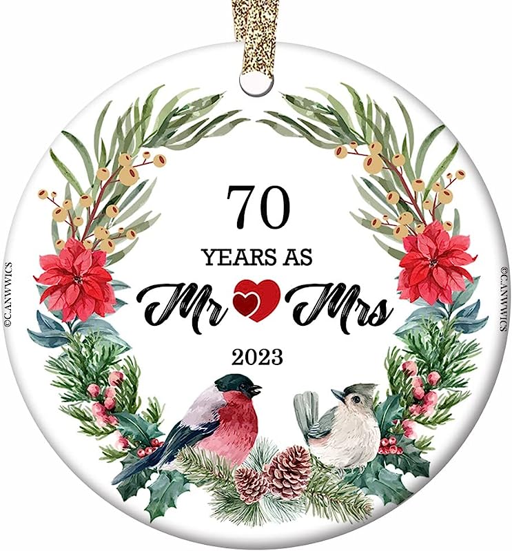 70 Years As Mr. And Mrs. Lovebirds Ceramic Christmas Tree Ornament Collectible Holiday Keepsake 2.8" Round Ornament In Decorative Gift Bag