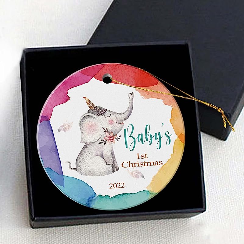 Babys First Christmas Ornament -Cute Eleghant Ornaments Round Ceramic 3Inch Kids With Gift Box Xmas Present