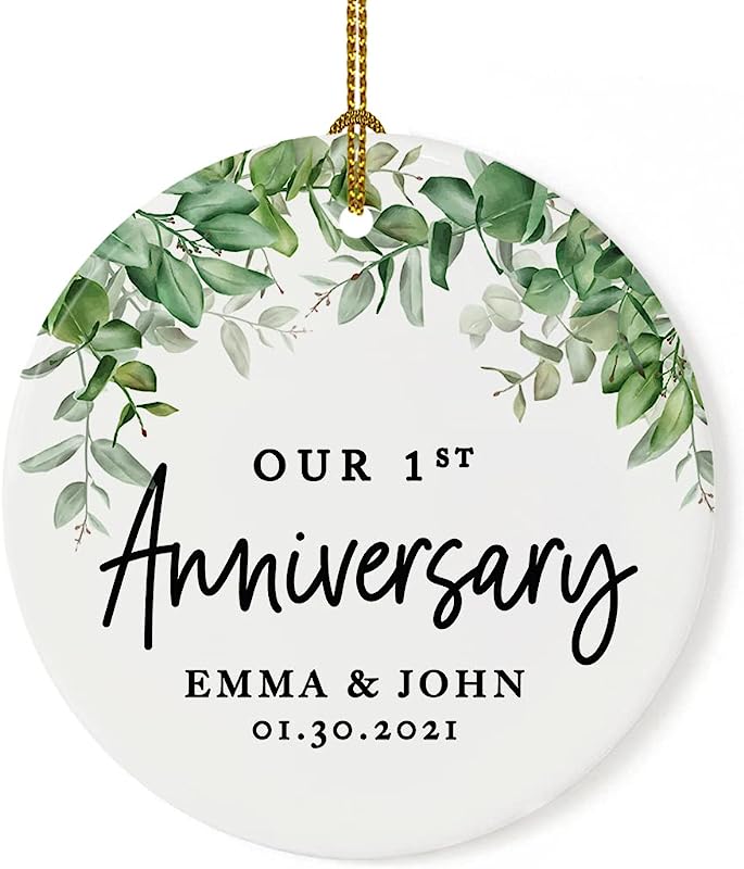 Andaz Press Personalized Our 1St Wedding Anniversary Christmas Ornaments Greenery 2.8" Round Porcelain Ceramic First Year Married Custom Ornament Keepsake For Husband Wife 1-Pack