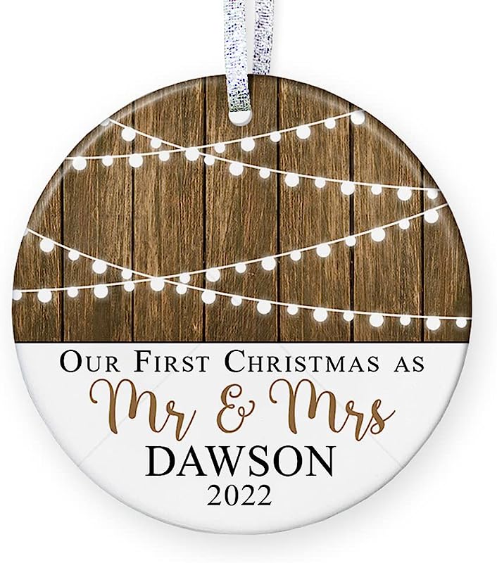 First Christmas As Mr & Mrs Ornament , Personalized Rustic 1St Married Christmas Ornament, Newlyweds Wedding Gift - 3" Flat Circle Porcelain Ceramic Ornament - Gold & Silver Ribbon Pgm-Or-59
