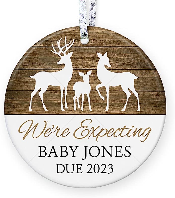 Personalized Pregnancy Reveal Christmas Ornament, Rustic Baby Shower Gift Birth Announcement , Adoption Gift - 3" Flat Circle Porcelain Ceramic Ornament - Gold & Silver Ribbon Pgm-Or-12D