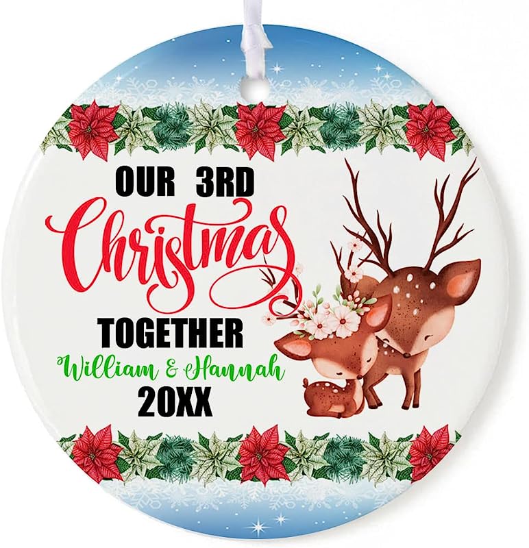 Our 3Rd Christmas Together Ornament Couple Deer Personalized Wedding Anniversary Keepsake Hanging Xmas Tree Decorations Circle Ornaments 2.9 Inch White