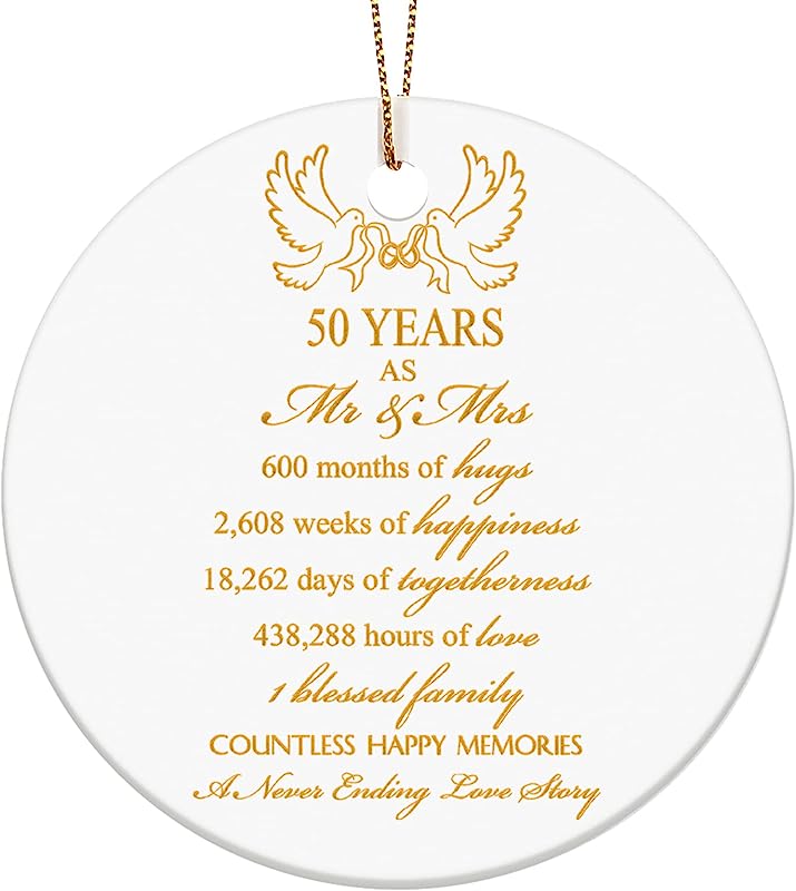 50Th Wedding Anniversary Ornament Mr And Mrs 50 Years Anniversary Golden Gift Wedding Anniversary Decorations Ceramic Ornament For Parents, Couple, Grandparents And Friends, 3 Inch