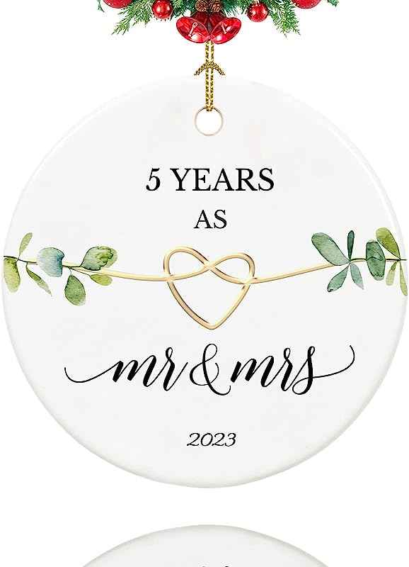5Th Anniversary Ornament, Gifts For 5Th Weeding Anniversary, 5 Year Anniversary Couple Gifts For Her,Couple,Him, 2.9" Ceramic 5 Year As Mr And Mrs Christmas Ornament
