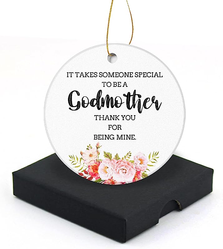 Godmother Thank You For Being Mine Christmas Ornament Round Christmas Tree Ornaments Keepsake Gifts For Family Lovers Friend Home Decor Flat Circle Ceramic Ornament 3" With A Gift Box