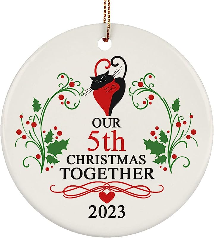 Our 5 Years Cat Couple Love Ornament 5Th Wedding Anniversary Pine Tree Decor, Five Year Together Round Ornaments Ceramic 3 Inch Keepsake, Merry Xmas Gifts