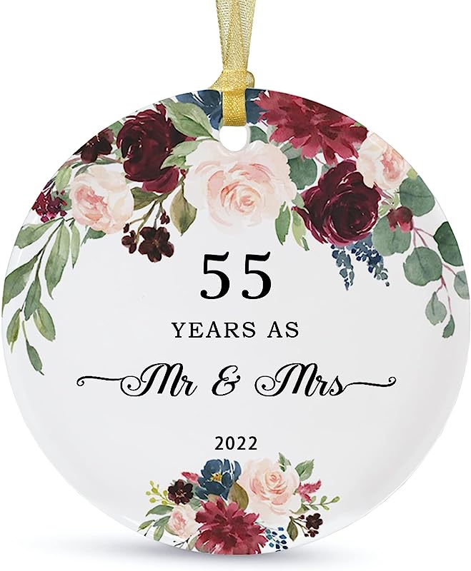 55Th Anniversary Wedding Ornament Christmas Hanging For Couple,55 Years As Mr And Mrs,Wedding Gift For Parent,Ceramic Ornament For 55Th Husband&Wife Married Decoration With Ribbon,Gift Box (2.9")