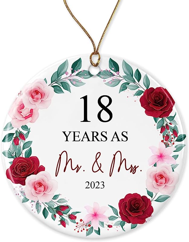 18 Years As Mr. & Mrs. Christmas Ornament - Gift For Four Couple Husband Wife Married Holiday Decoration 18Th Wedding Anniversary Printed On Both Sides, White