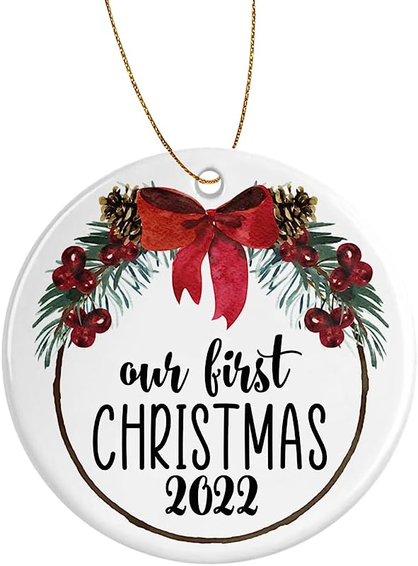 Our First Christmas Ornament - Christmas Gift For Couple - Girlfriend Boyfriend Gift - Engagement Present - Mr And Mrs Gifts - Just Married Wedding Gifts - Double Sided Ceramic Ornament