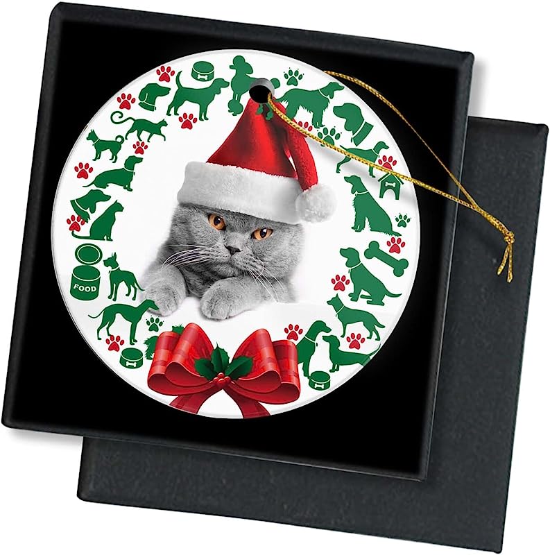 Merry Christmas Ornament-Cute Cat Wearing Christmas Cap Funny Christmas Ornament Round Ceramic Christmas Tree Ornament Decoration 3 Inch Xmas Present