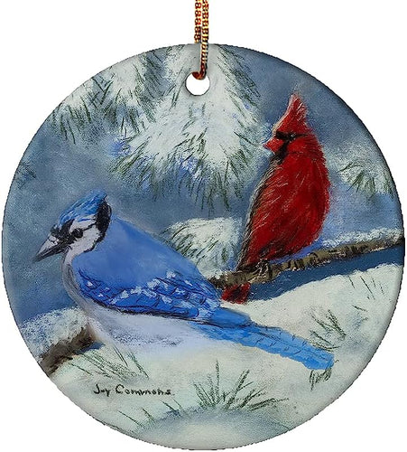 Christmas Cardinal And Blue Jay Ornament, Hand Painted Memorial Ceramic Round Christmas Tree Gift Includes Gold Ribbon String For Hanging And Gift Box, 2 7/8 Inches Diameter (Jay And Cardinal)