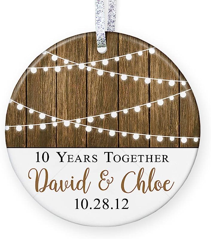 Anniversary Gift For Her, Rustic Personalized Christmas Ornament For Married Couple With Names, 1St 2Nd 5Th 10Th 20Th - 3" Flat Circle Farmhouse Porcelain Ornament - Gold & Silver Ribbon Pgm-Or-61