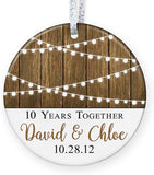 Anniversary Gift For Her, Rustic Personalized Christmas Ornament For Married Couple With Names, 1St 2Nd 5Th 10Th 20Th - 3" Flat Circle Farmhouse Porcelain Ornament - Gold & Silver Ribbon   Pgm-Or-61