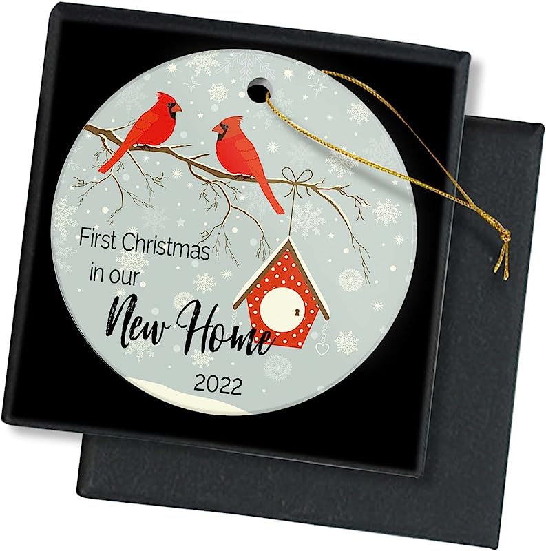 First Christmas In Our Home Christmas Tree Snow House Red Bird Ornament Gift For Newlywed Couple New Home Round Ceramic Christmas Tree Ornament Decoration 3 Inch Xmas Present