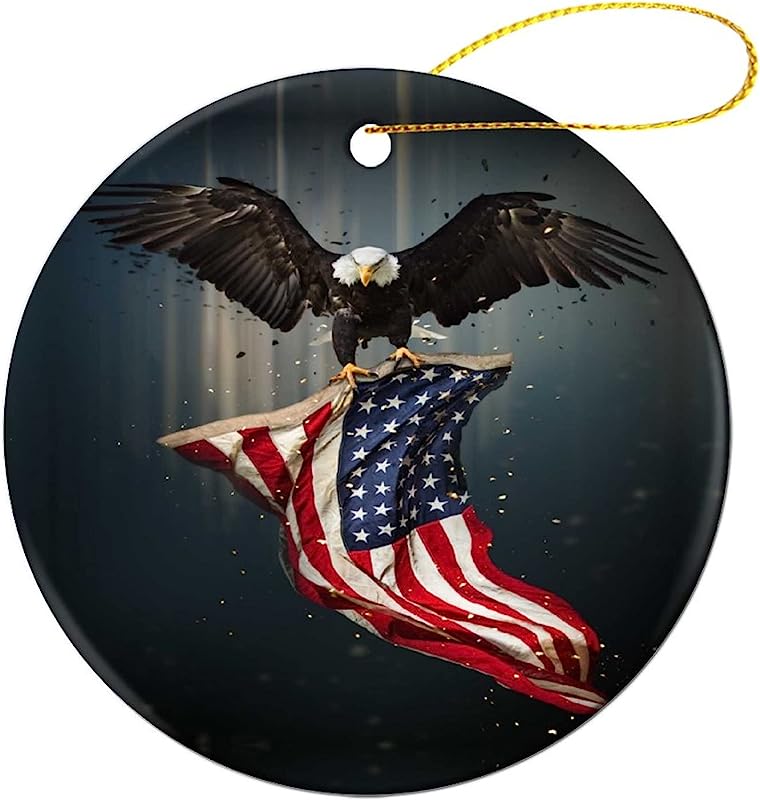 Christmas Ornament Bald Eagle American Flag Christmas Tree Ceramic Round Hanging Ornament Double Sided Xmas Tree Decorations Funny Gifts For Family Holiday Party Souvenir For Event