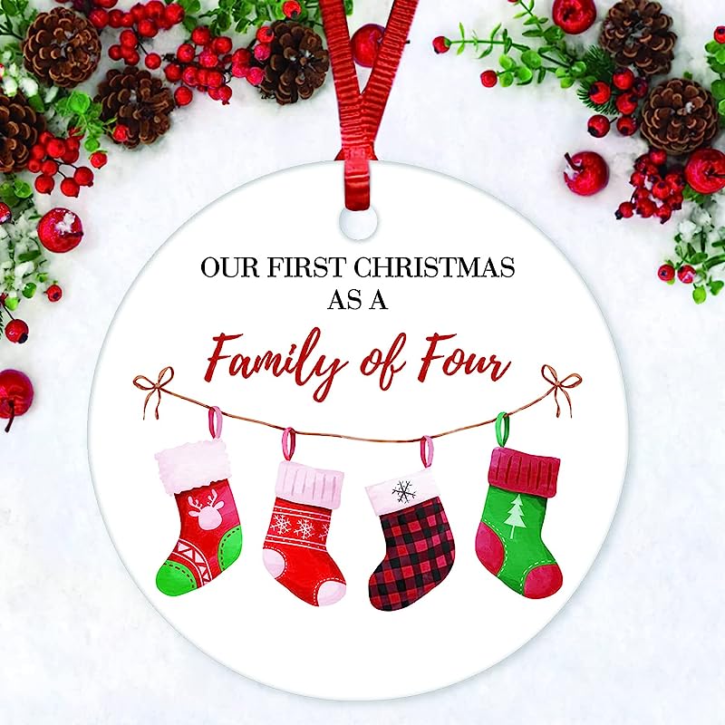 Our First Christmas As A Family Of Four Christmas Ornament Newborn Baby Ceramic Ornament Family Christmas Ornaments For Mom 3 Inch Xmas Tree Hanging For Baby New Parents Newborn, 3X3''