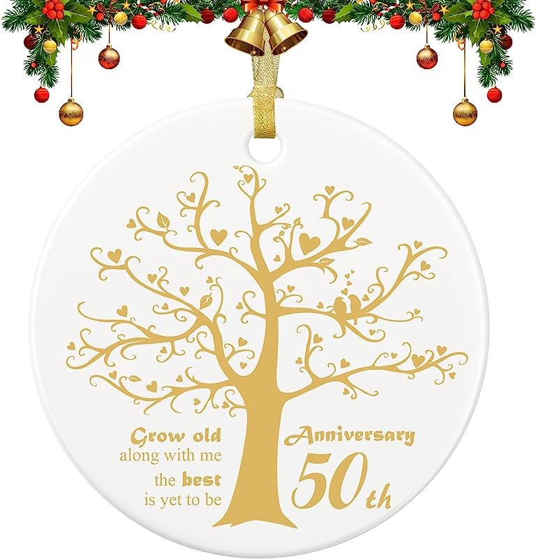 50 Years Anniversary Ornament, Christmas Hanging Ornament, 50Th Years Couple Gifts For Wedding Anniversary, 50Thhusband&Wife Married Decoration, Couple Christmas Ceramic Ornament With Ribbon