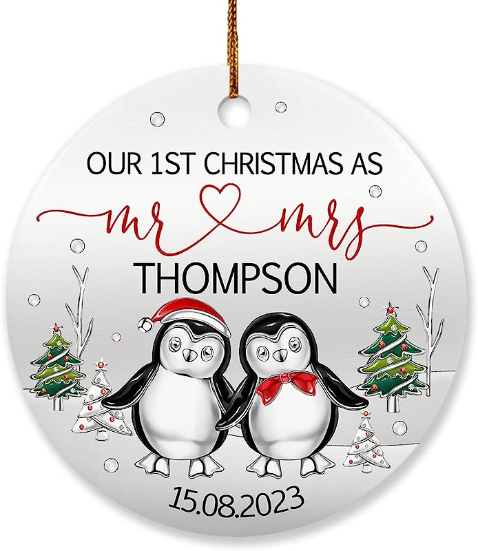 Personalized Our First Christmas As Mr & Mrs Ornament, Custom Names Couple Penguin Ornament Christmas Gift For Wedding Engaged Married, 1St Xmas As Mr & Mrs Ornament Gift For Newlywed Couple