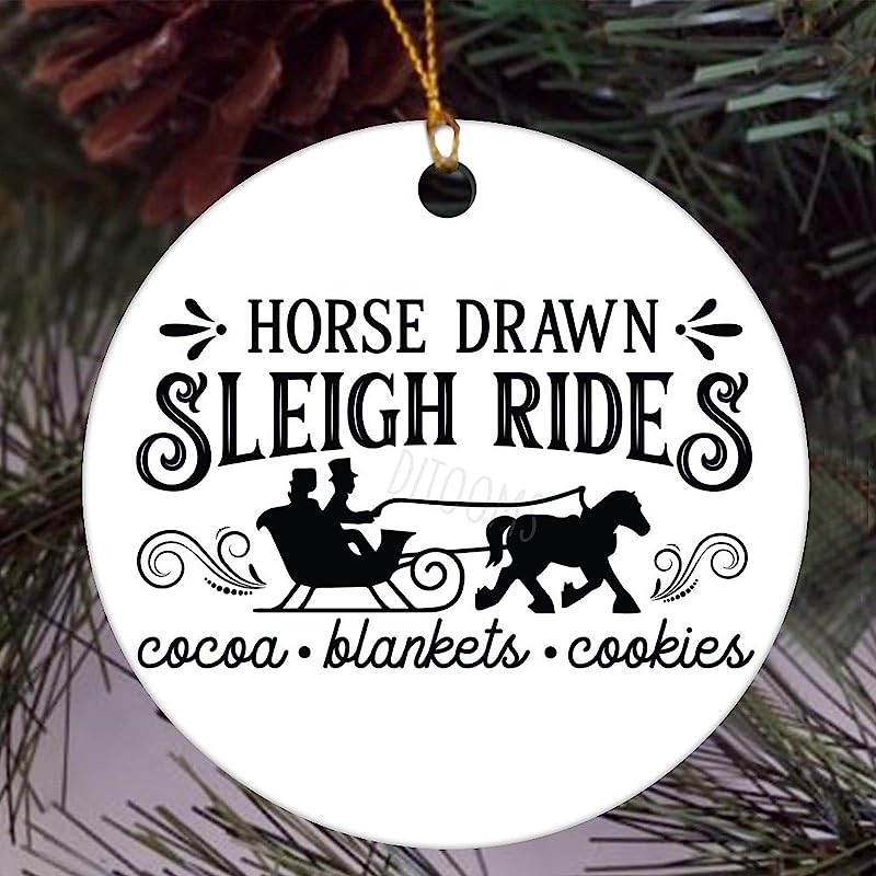Round Ceramic Ornament For Christmas Tree, Horse Drawn Sleigh Ride Cocoa Blankets Cookies Xmas Holiday Decor, Merry Christmas Santa Reindeer Sleigh Housewarming Gift
