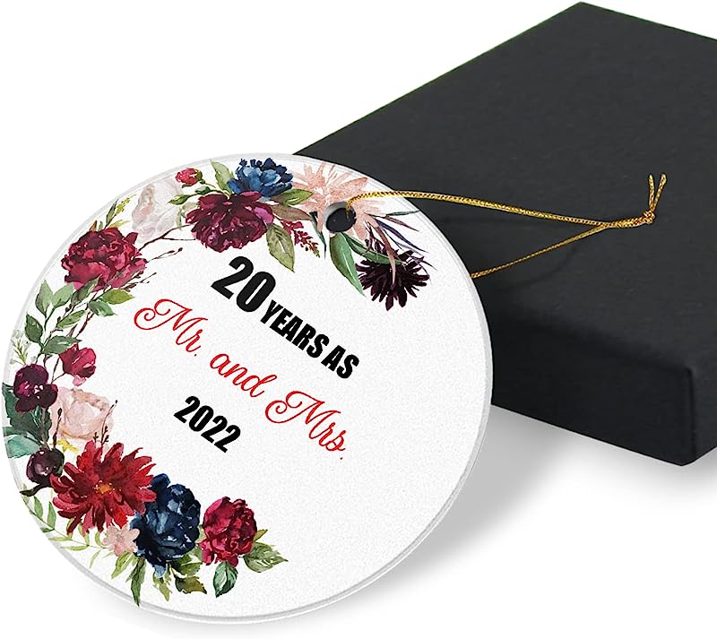 20 Years As Mr And Mrs Christmas Ornaments Gifts For Couples Keepsake Gift For 20Th Wedding Anniversary Christmas Tree Ornaments Round Ceramic Ornament 2.95In With Gift Box
