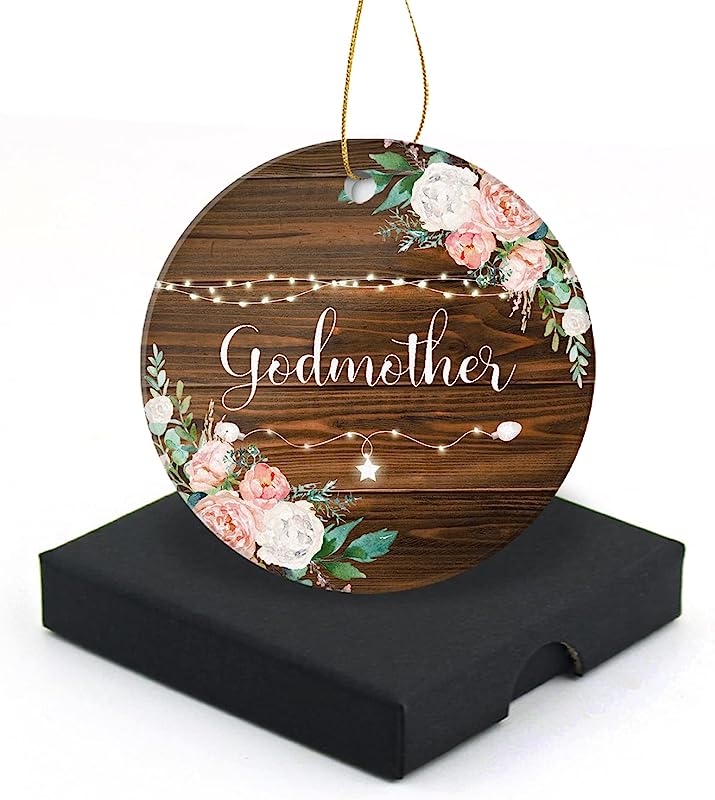 Godmother Christmas Ornament Round Christmas Tree Ornaments Keepsake Gifts For Family Lovers Friend Neighbors Home Decor Flat Circle Ceramic Ornament 3" With A Gift Box