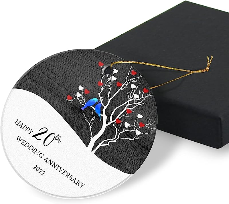 Happy 20Th Wedding Anniversary Christmas Ornaments Gifts For Couples Keepsake Gift For 20Th Wedding Anniversary Christmas Tree Ornaments Round Ceramic Ornament 2.95In With Gift Box