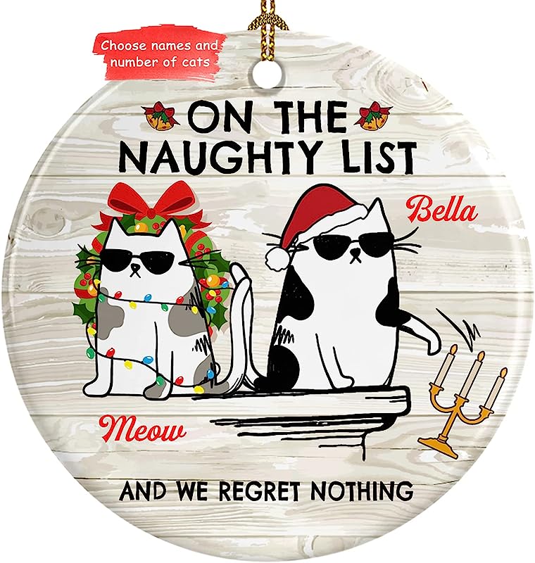 Personalized Ornaments For Christmas , Custom Name Cat , Circle Ornament Ceramic Decorative Tree Xmas Circle Ornament Ceramic , Gift Christmas Ornament (Option 2)