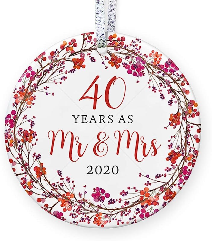 40Th Wedding Anniversary 40 Forty Years Married Mr & Mrs Christmas Ornament Gift For Husband & Wife Tree Decoration - 3" Flat Circle Ceramic Ornament, Gold & Silver Ribbon + Free Gift Box