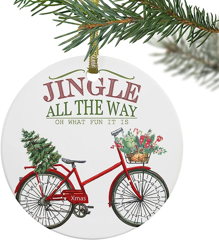 Christmas Ornament, Xmas Bike Carrying Gift And Christmas Tree Christmas Tree Decoration, First Home Keepsake Ceramic Double-Sided Design 3" In Diameter Round