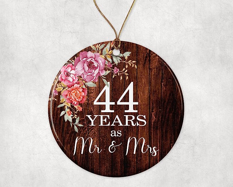Mr. & Mrs. 44Th Wedding Anniversary Ceramic Ornament Collectible, 44 Year Marriage Pretty Country Floral 3" Flat Holiday Porcelain Keepsake With Gold Ribbon Box Both Sides