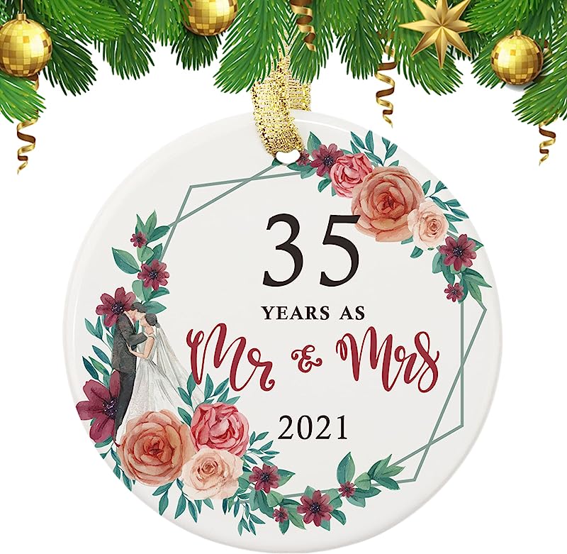 35 Years As Mr. And Mrs. Ornament - Holiday Decoration Romantic Keepsake Gift For 35Th Wedding Anniversary Husband & Wife Round Ceramic Christmas Ornament With Gold Ribbon